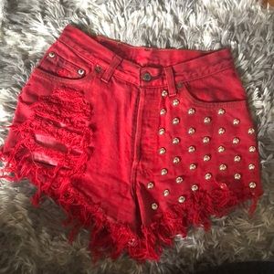 Custom red dyed Levi’s jean shorts